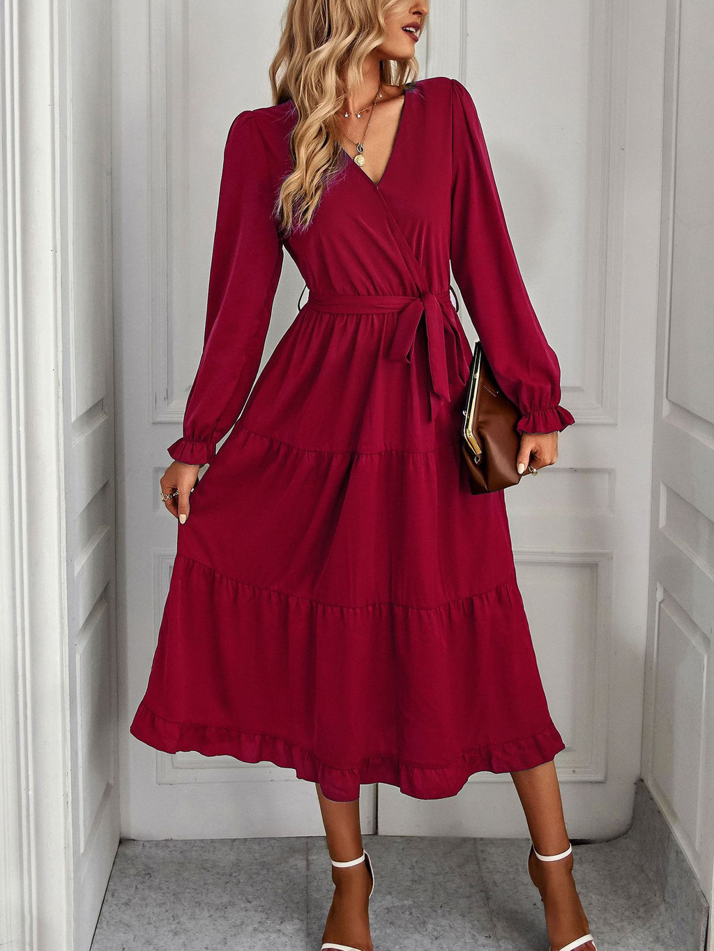 Ruffle Hem Wrap Midi Dress - WineRed - 3