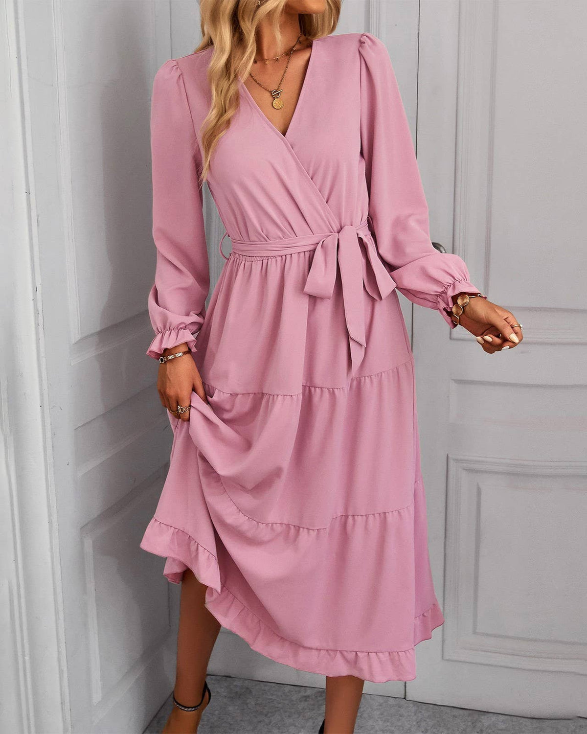 Ruffle Hem Wrap Midi Dress