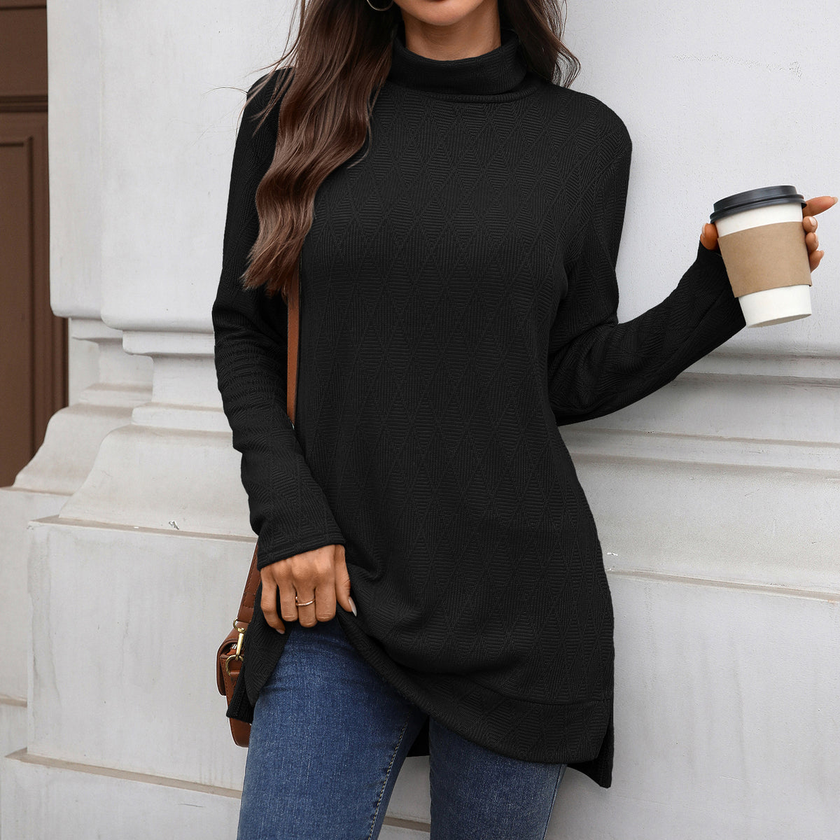 Diamond Textured Turtleneck Tunic Top with Slits - Black