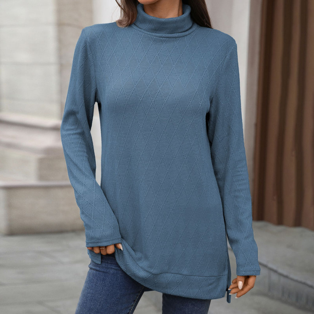 Diamond Textured Turtleneck Tunic Top with Slits - DarkBlue