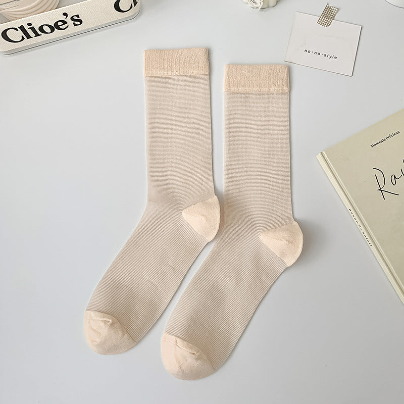 Sheer Ribbed Slouch Crew Socks - Beige - 1