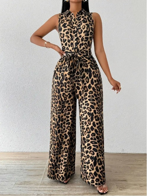 Animal Print Tie Waist Wide Leg Jumpsuit - Brown