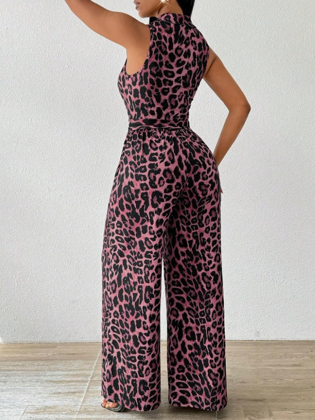 Animal Print Tie Waist Wide Leg Jumpsuit - Pink