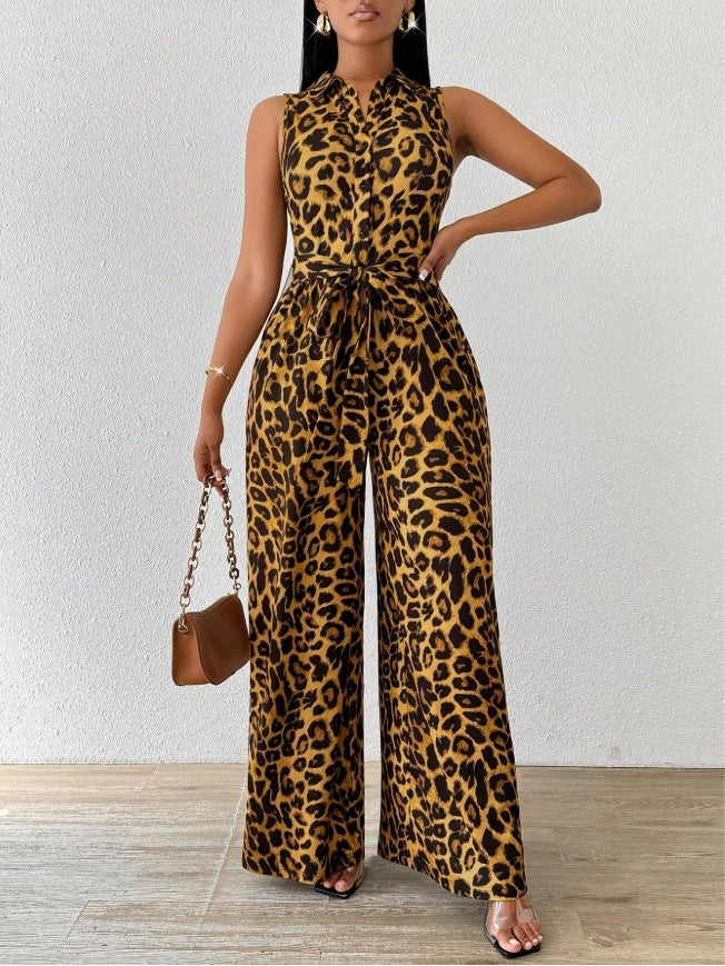 Animal Print Tie Waist Wide Leg Jumpsuit - Yellow