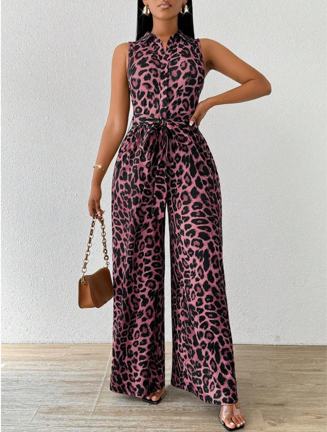 Animal Print Tie Waist Wide Leg Jumpsuit