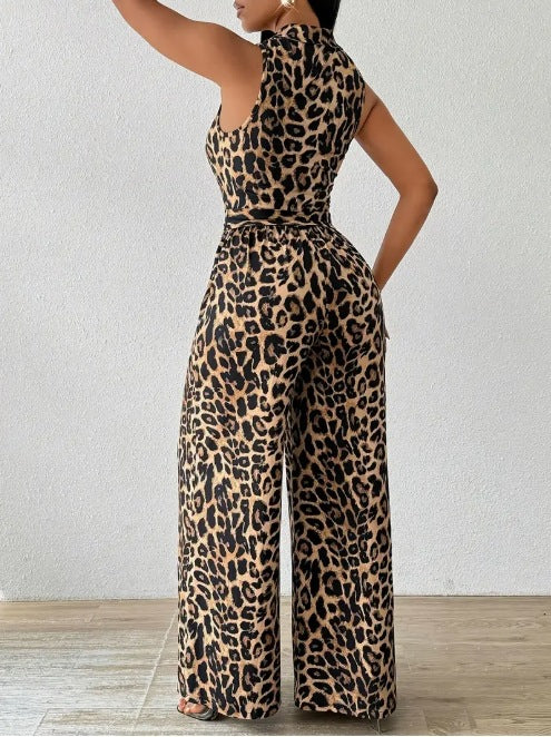 Animal Print Tie Waist Wide Leg Jumpsuit - view 2
