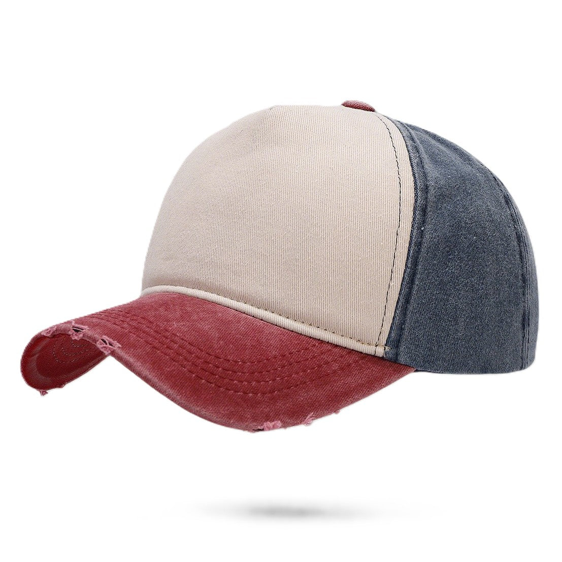 Washed Colorblock Baseball Cap With Frayed Brim - Red