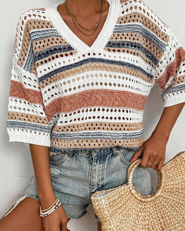 Boho Striped Pointelle V Neck Top - Color - 1