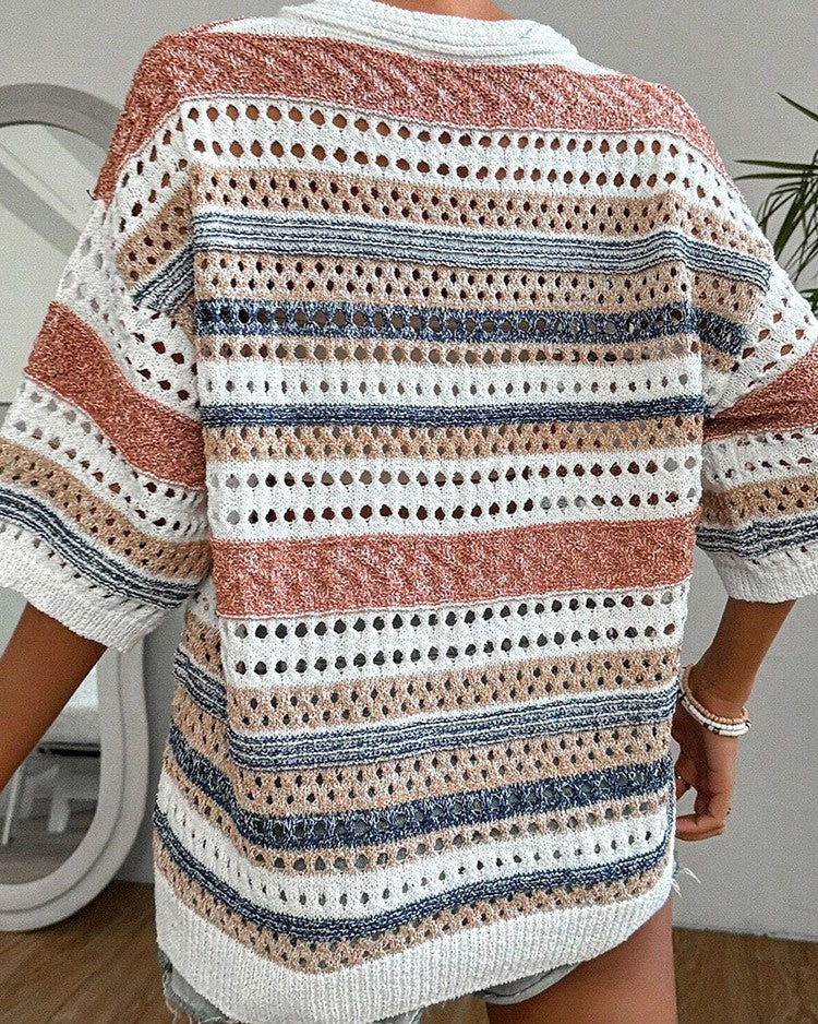 Boho Striped Pointelle V Neck Top - Color - 3