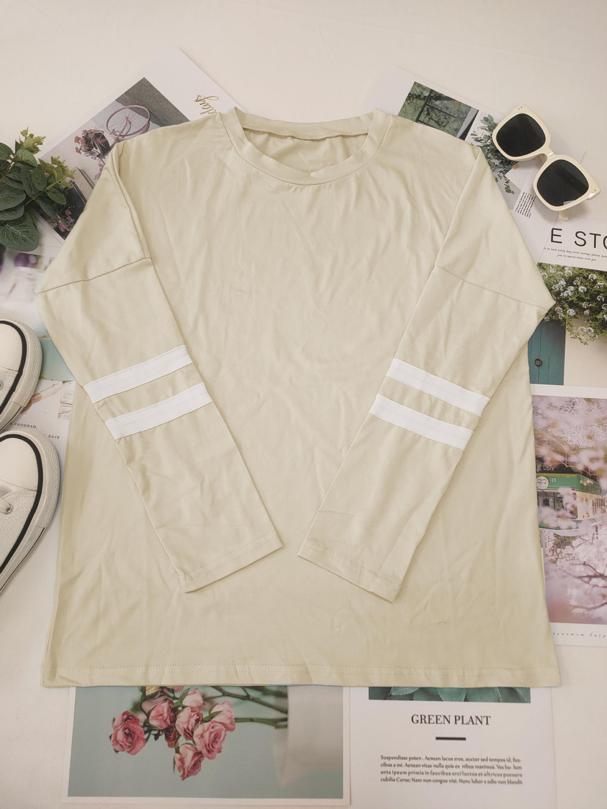 Varsity Stripe Sleeve Top And Jogger Set - Apricot