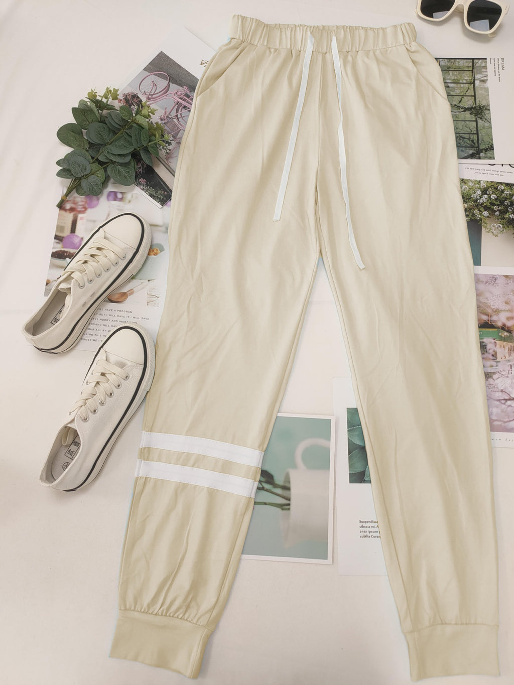 Varsity Stripe Sleeve Top And Jogger Set - Apricot - 1