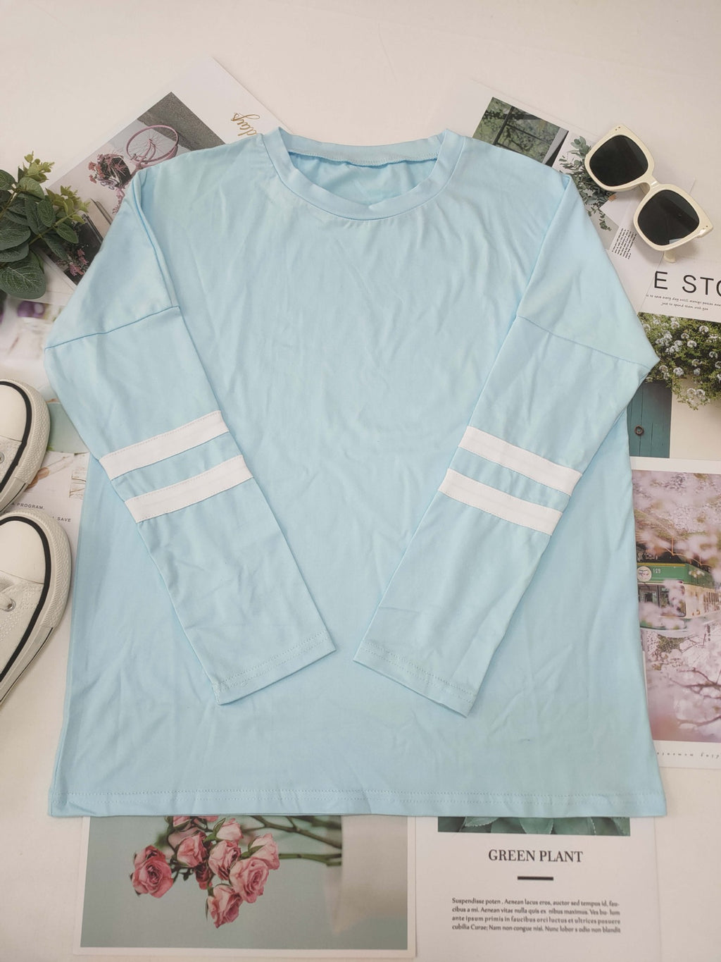 Varsity Stripe Sleeve Top And Jogger Set - Blue