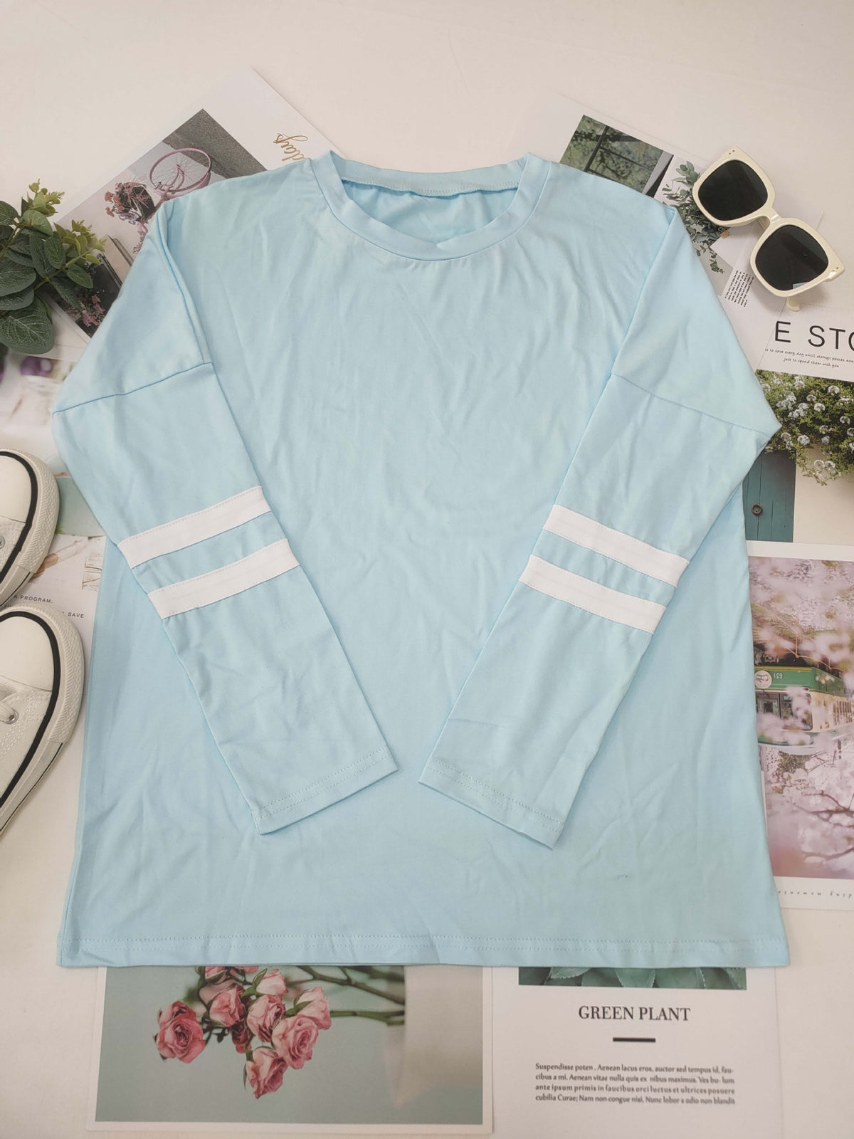 Varsity Stripe Sleeve Top And Jogger Set - Blue