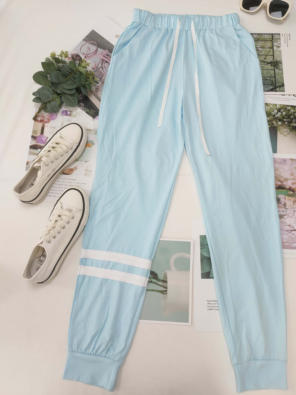Varsity Stripe Sleeve Top And Jogger Set - Blue - 1