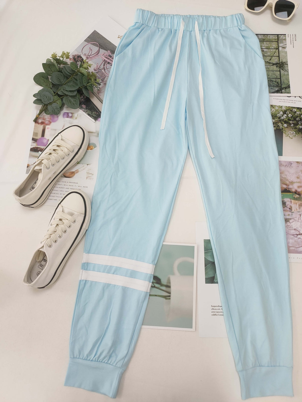 Varsity Stripe Sleeve Top And Jogger Set - Blue - 1