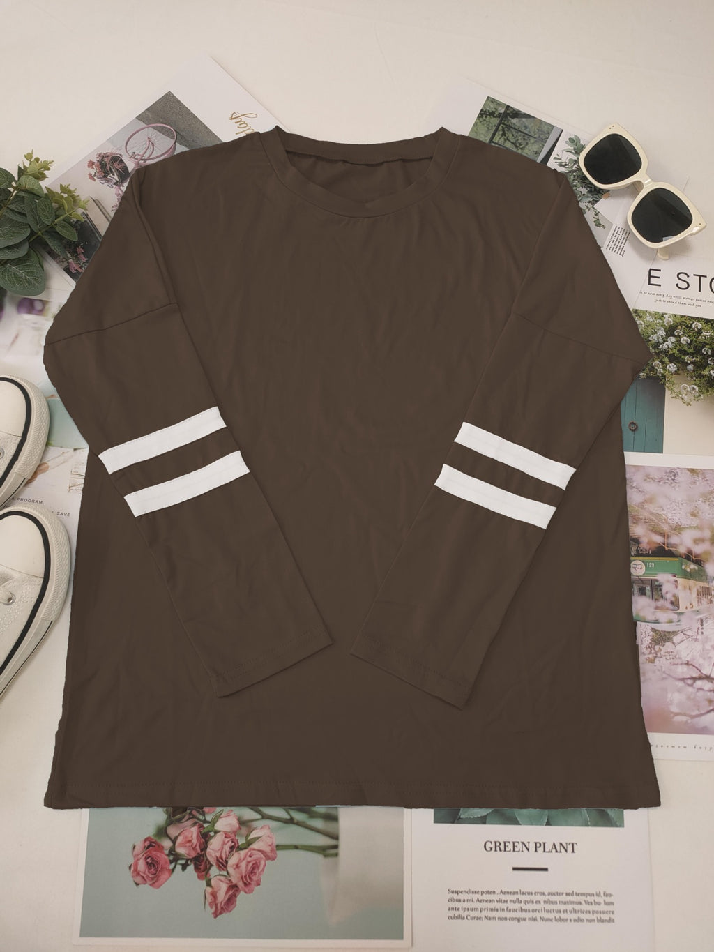 Varsity Stripe Sleeve Top And Jogger Set - Brown