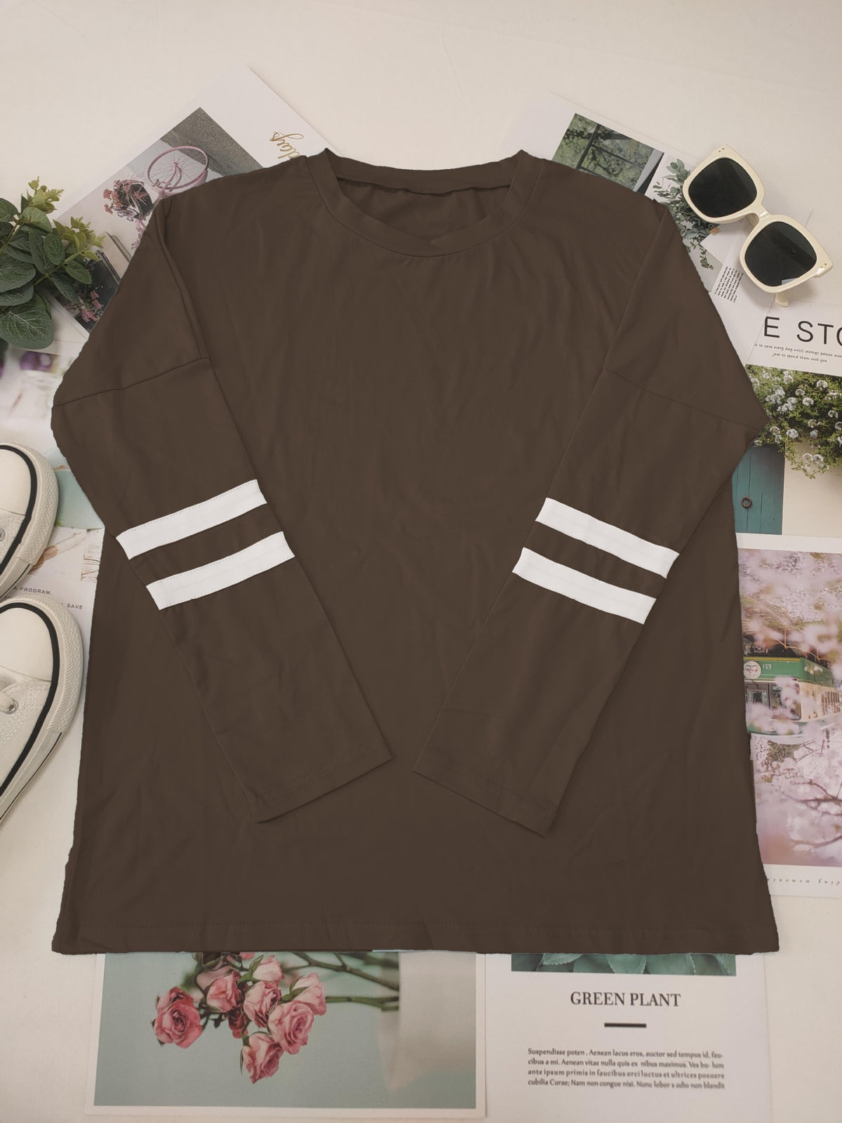 Varsity Stripe Sleeve Top And Jogger Set - Brown
