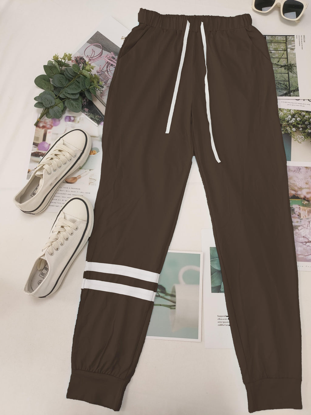 Varsity Stripe Sleeve Top And Jogger Set - Brown - 1