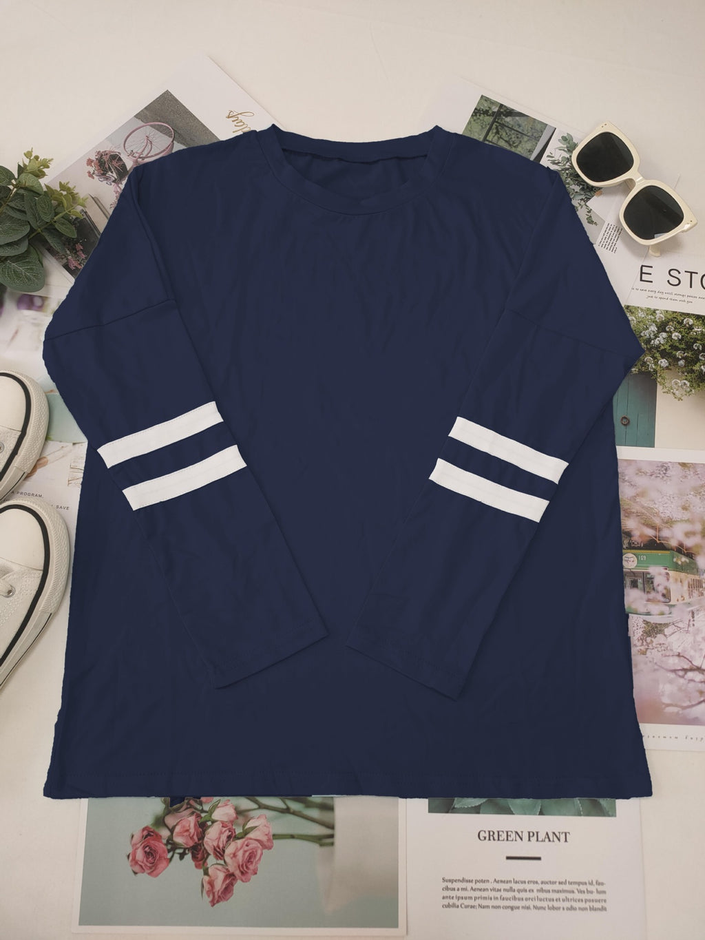 Varsity Stripe Sleeve Top And Jogger Set - DarkBlue