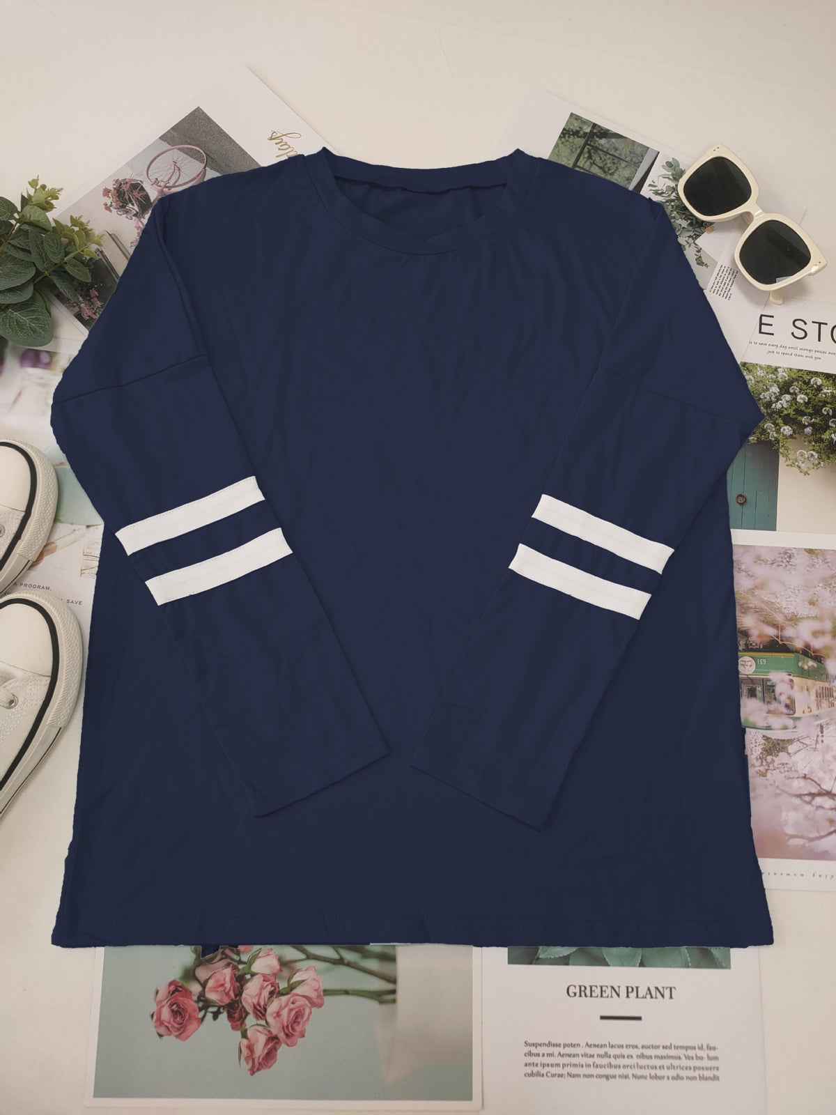 Varsity Stripe Sleeve Top And Jogger Set - DarkBlue