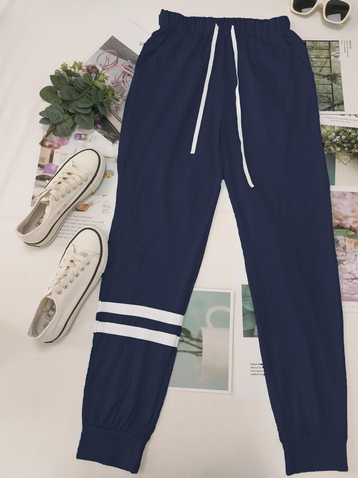 Varsity Stripe Sleeve Top And Jogger Set - DarkBlue - 1