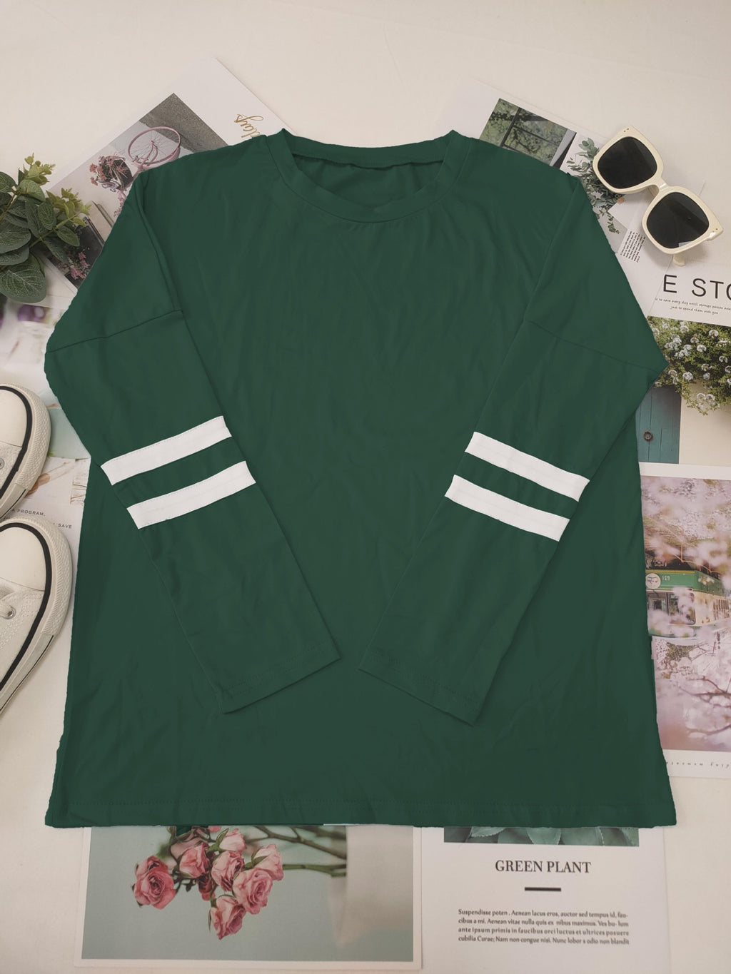 Varsity Stripe Sleeve Top And Jogger Set - DkGreen