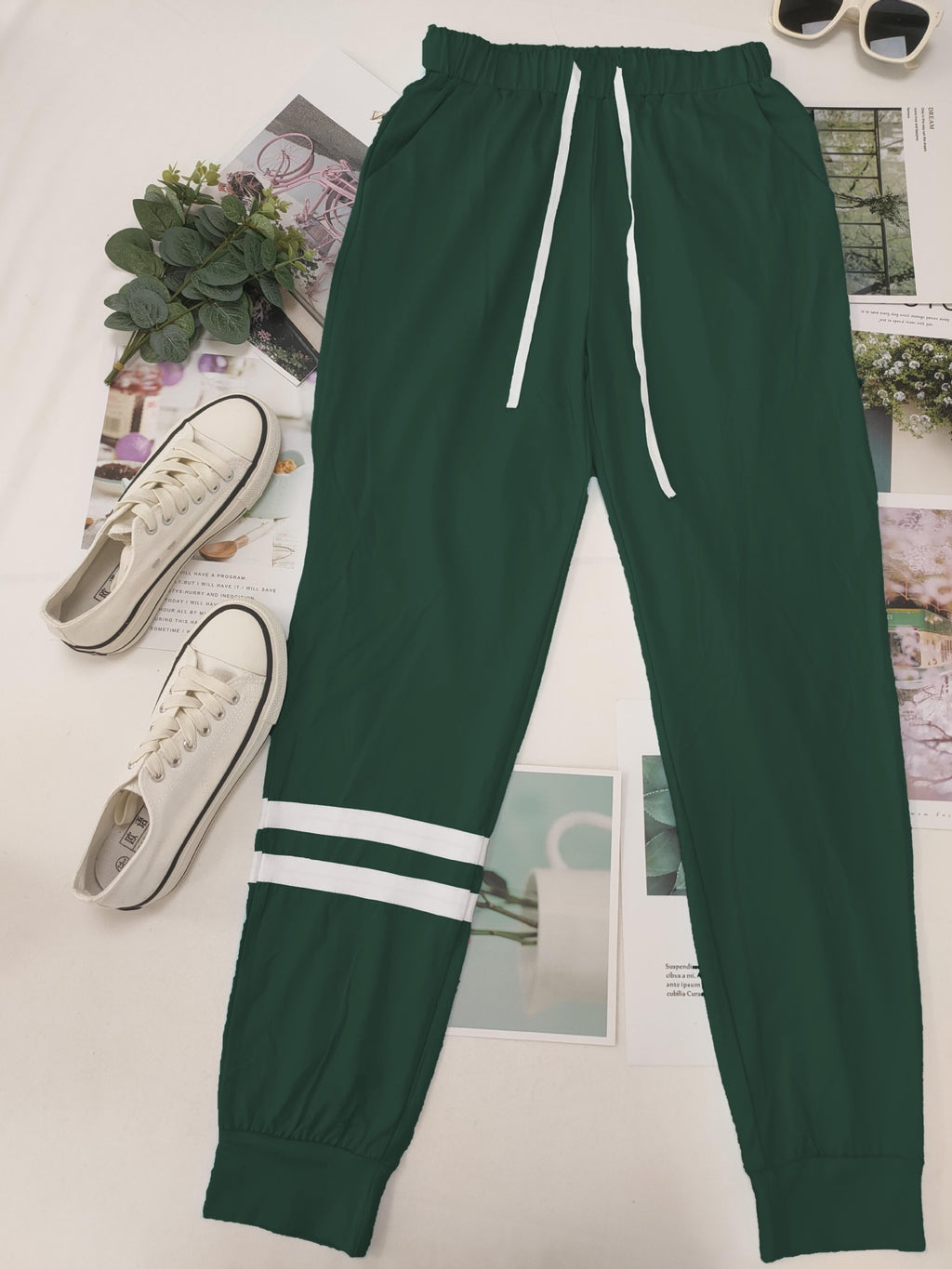 Varsity Stripe Sleeve Top And Jogger Set - DkGreen - 1