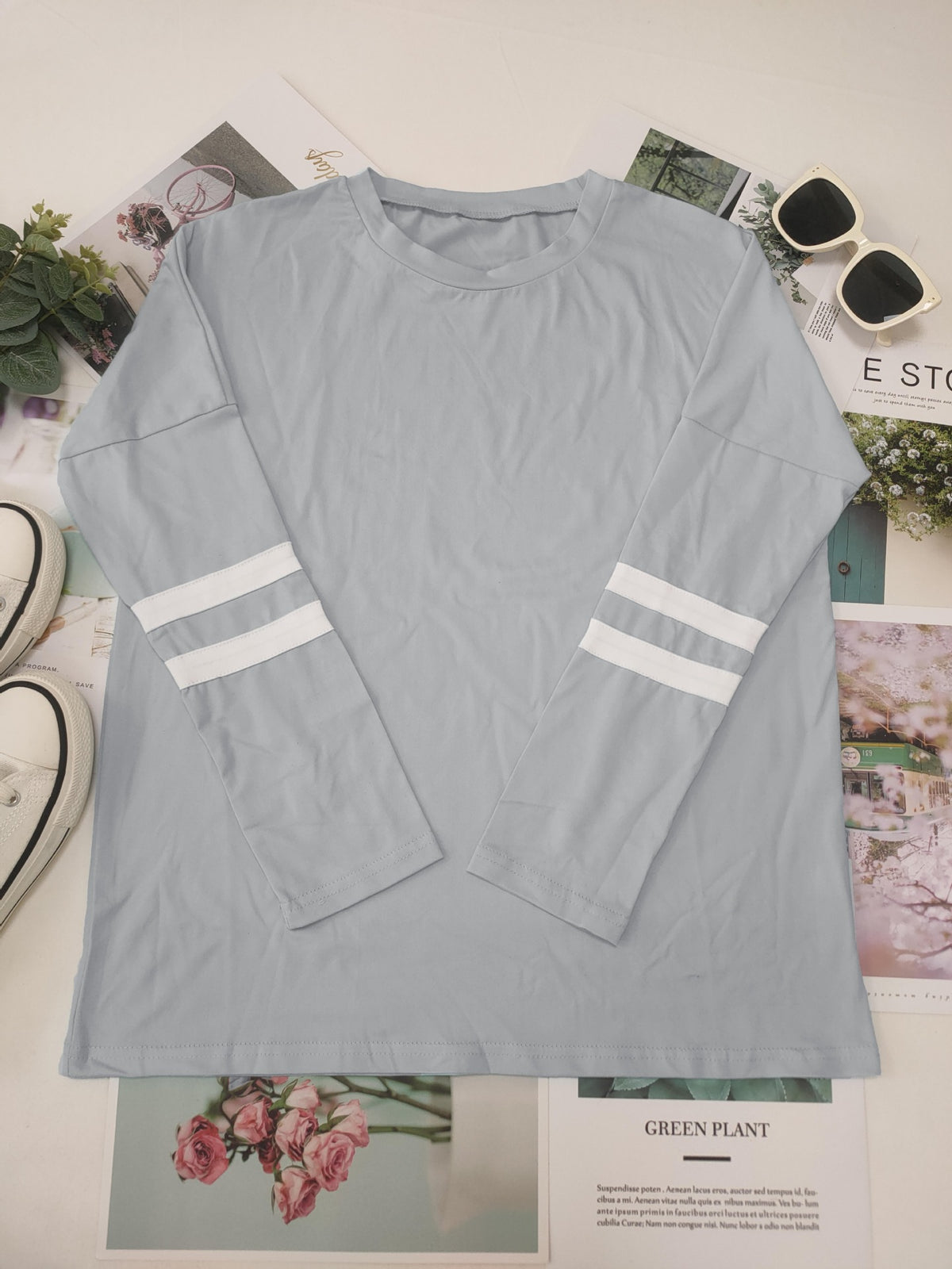 Varsity Stripe Sleeve Top And Jogger Set - Grey