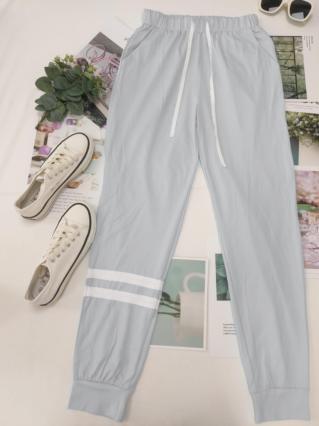 Varsity Stripe Sleeve Top And Jogger Set - Grey - 1