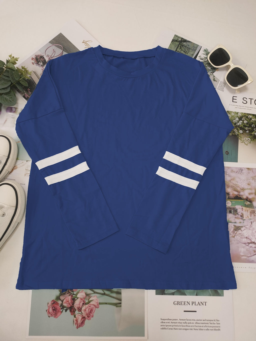 Varsity Stripe Sleeve Top And Jogger Set - NavyBlue
