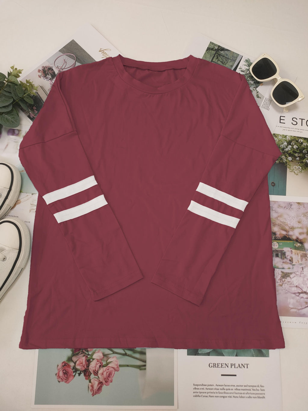 Varsity Stripe Sleeve Top And Jogger Set - Red