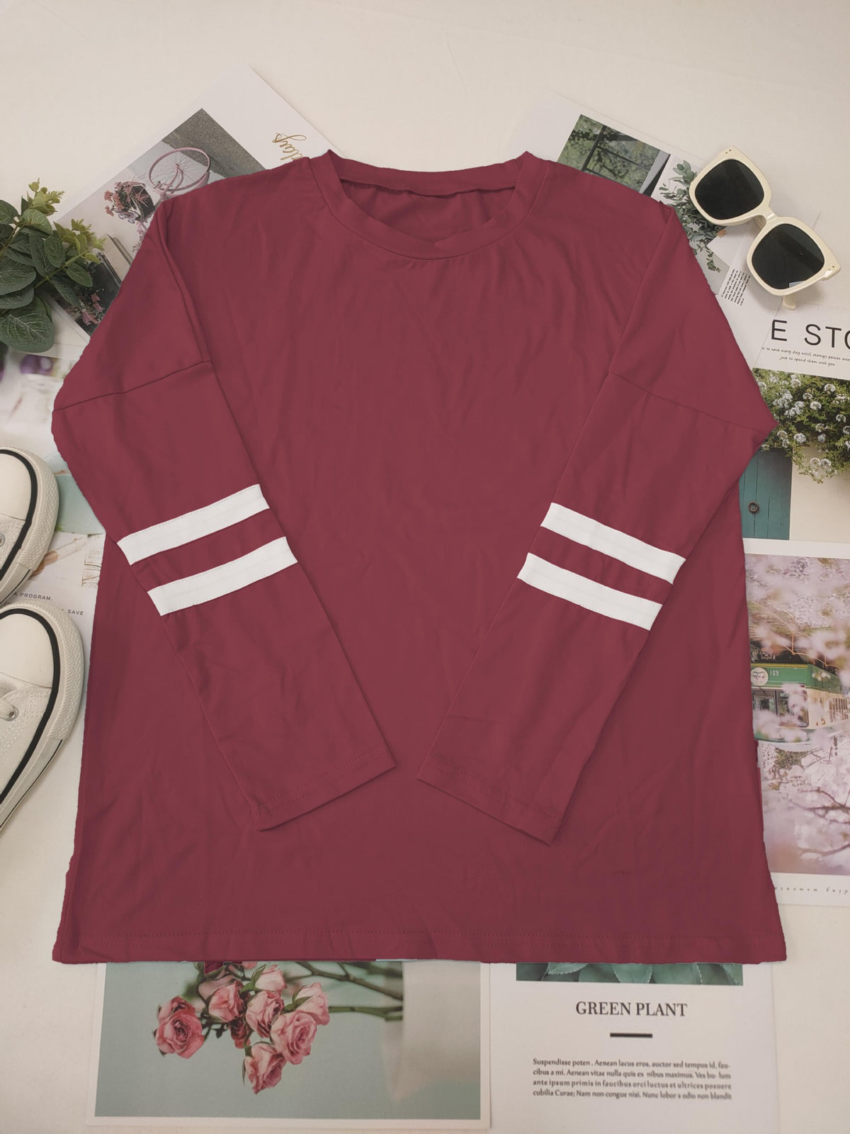 Varsity Stripe Sleeve Top And Jogger Set - Red