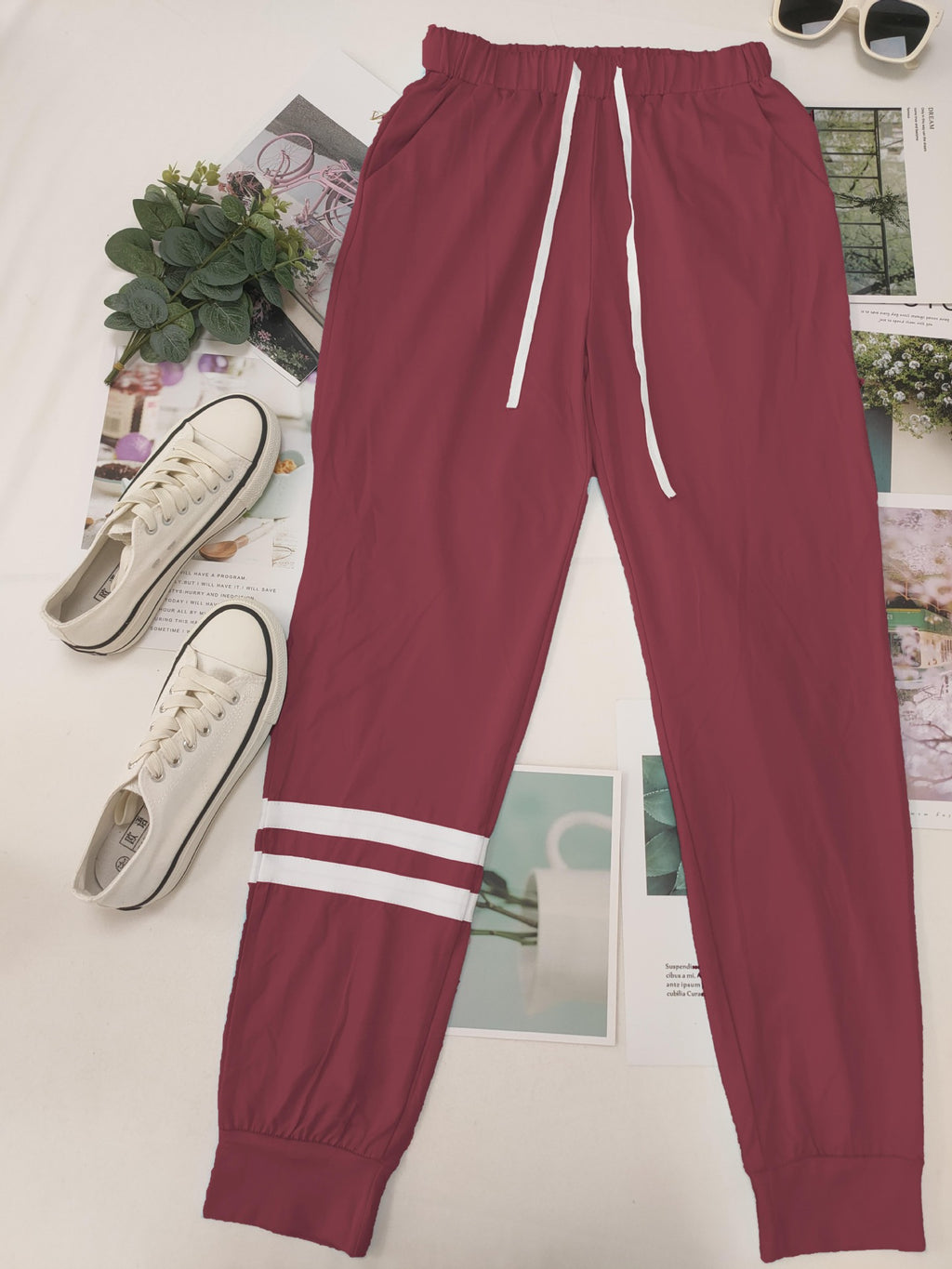Varsity Stripe Sleeve Top And Jogger Set - Red - 1