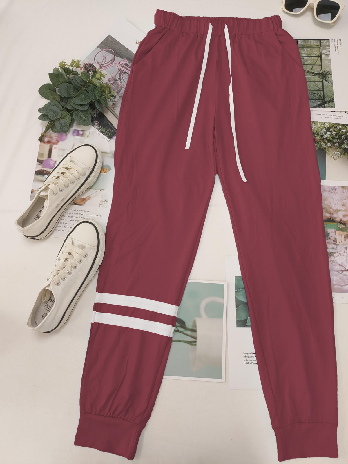 Varsity Stripe Sleeve Top And Jogger Set - Red - 1