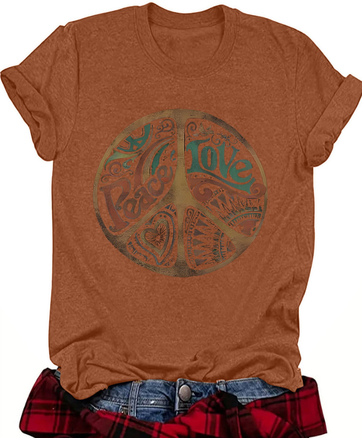 Retro Peace Sign Graphic Short Sleeve Tee - Brown
