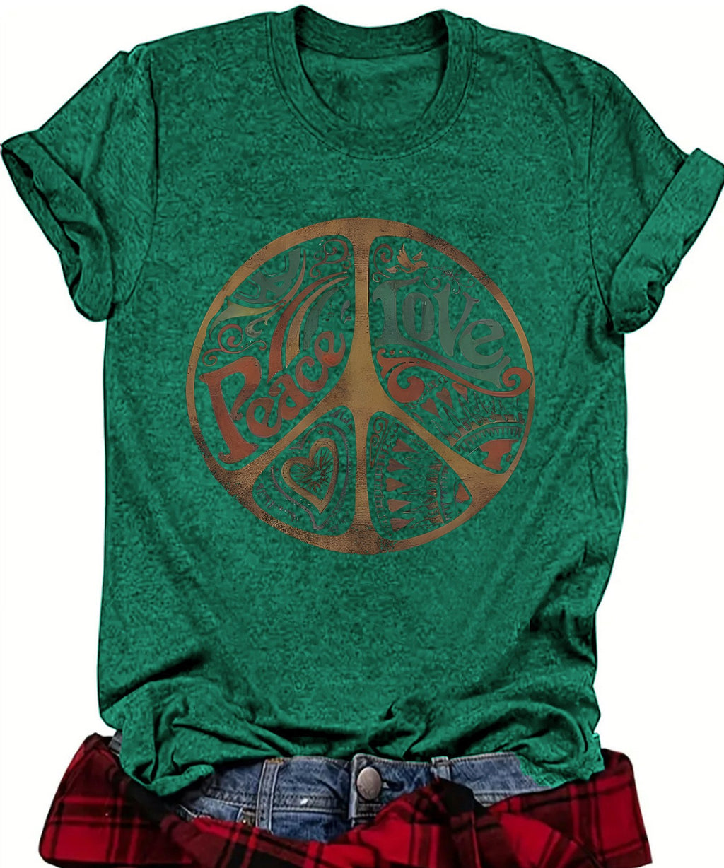 Retro Peace Sign Graphic Short Sleeve Tee - Green