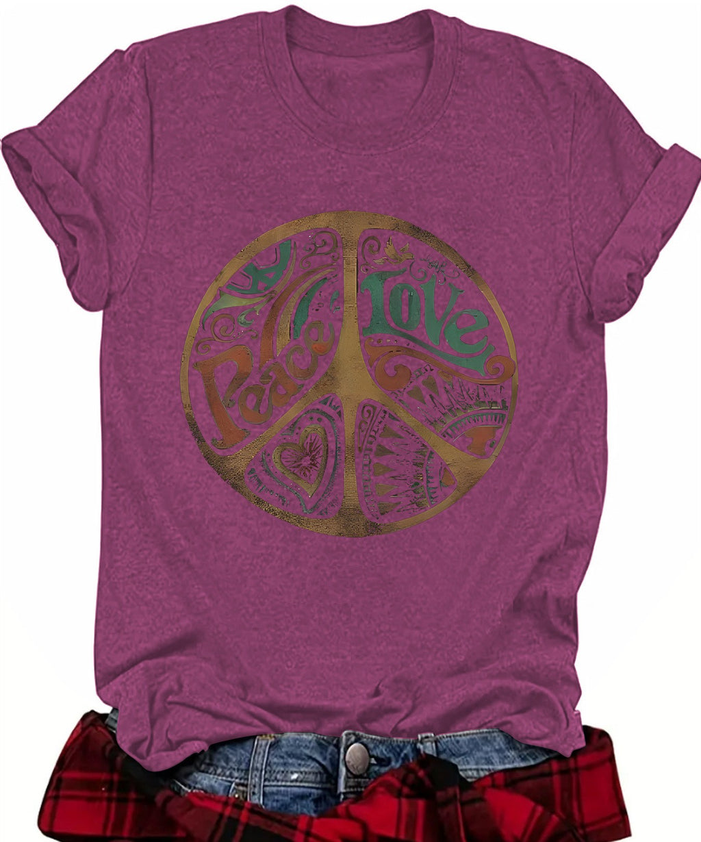 Retro Peace Sign Graphic Short Sleeve Tee - Purple