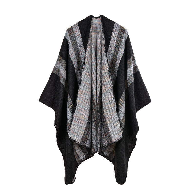 Striped Open Front Blanket Wrap - black