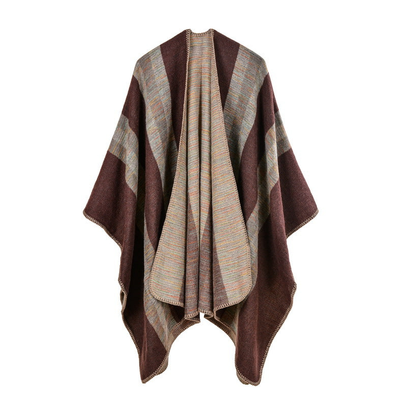 Striped Open Front Blanket Wrap - brown