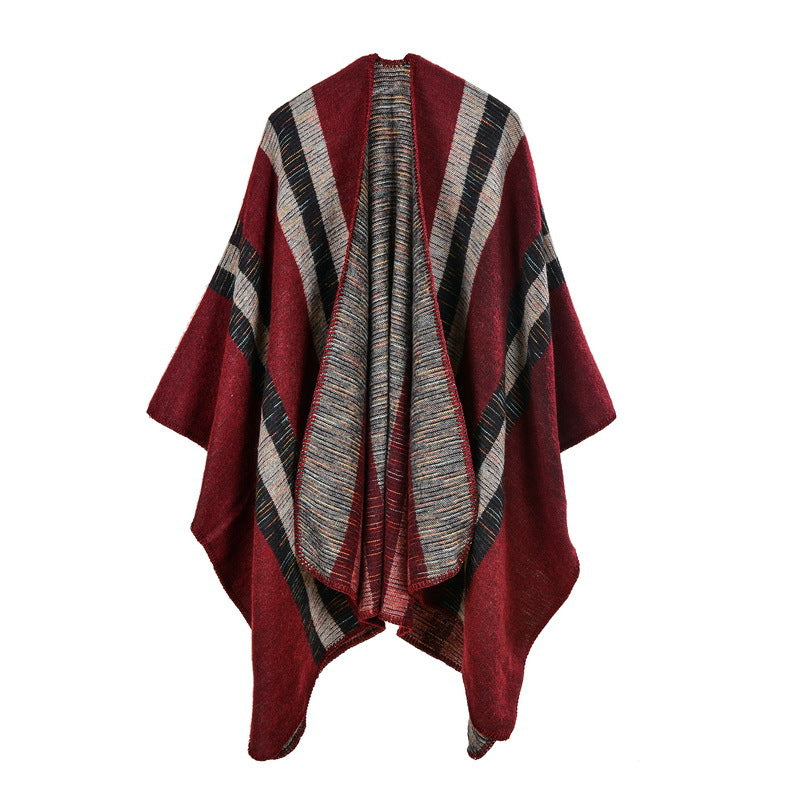 Striped Open Front Blanket Wrap - burgundy