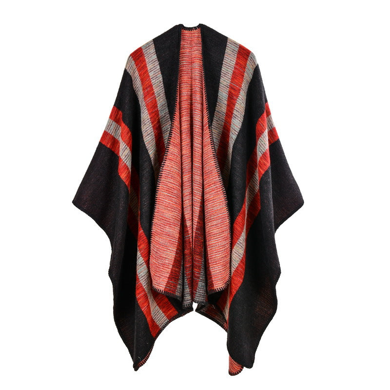 Striped Open Front Blanket Wrap - red