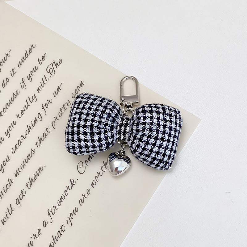 Padded Gingham Bow Keychain With Heart Drop - Black