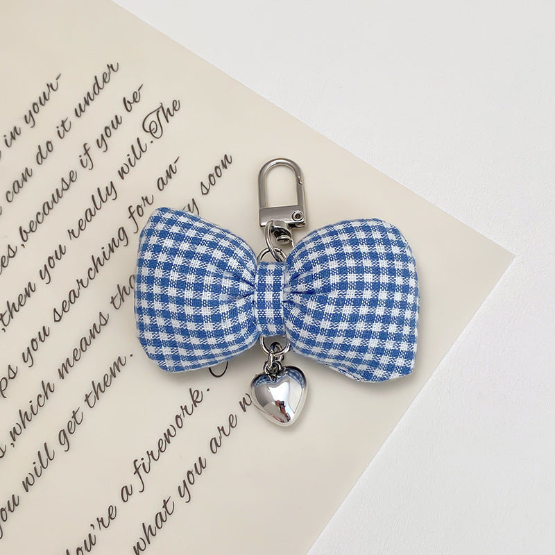 Padded Gingham Bow Keychain With Heart Drop - Blue