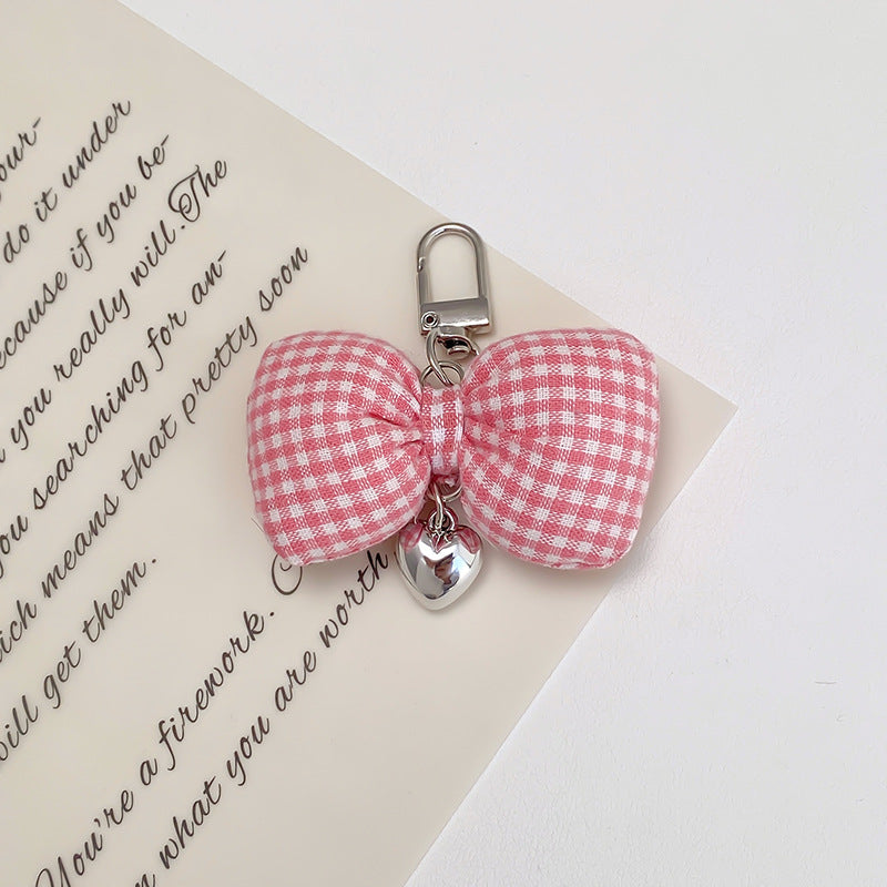 Padded Gingham Bow Keychain With Heart Drop - Pink
