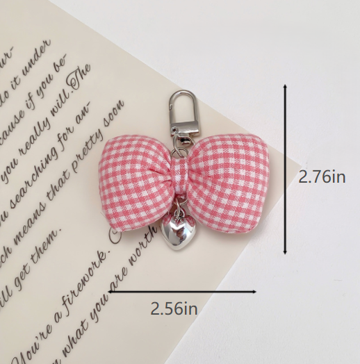 Padded Gingham Bow Keychain With Heart Drop - Pink - 1