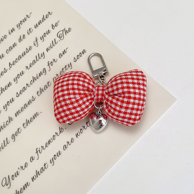 Padded Gingham Bow Keychain With Heart Drop - Red