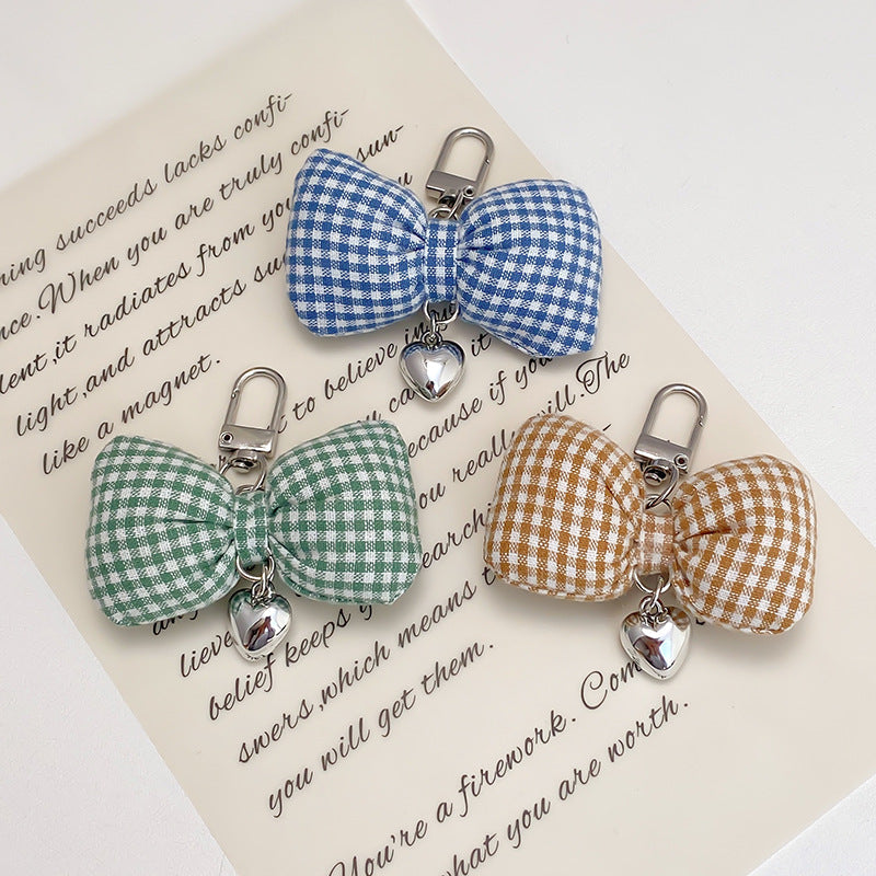 Padded Gingham Bow Keychain With Heart Drop
