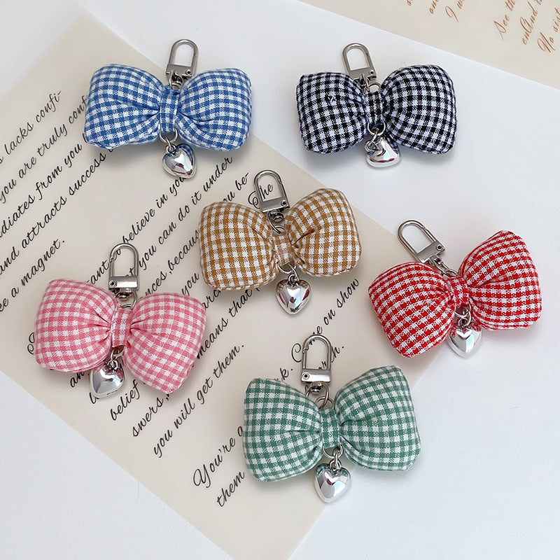 Padded Gingham Bow Keychain With Heart Drop - view 1
