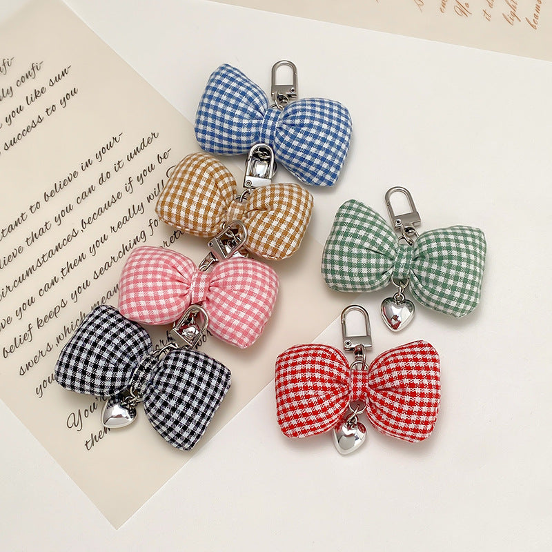 Padded Gingham Bow Keychain With Heart Drop - view 2