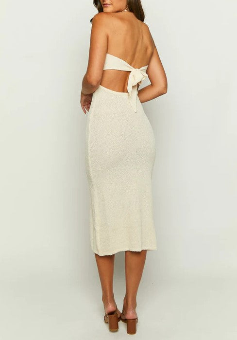 Bow Back Strapless Knit Midi Dress - White - 2